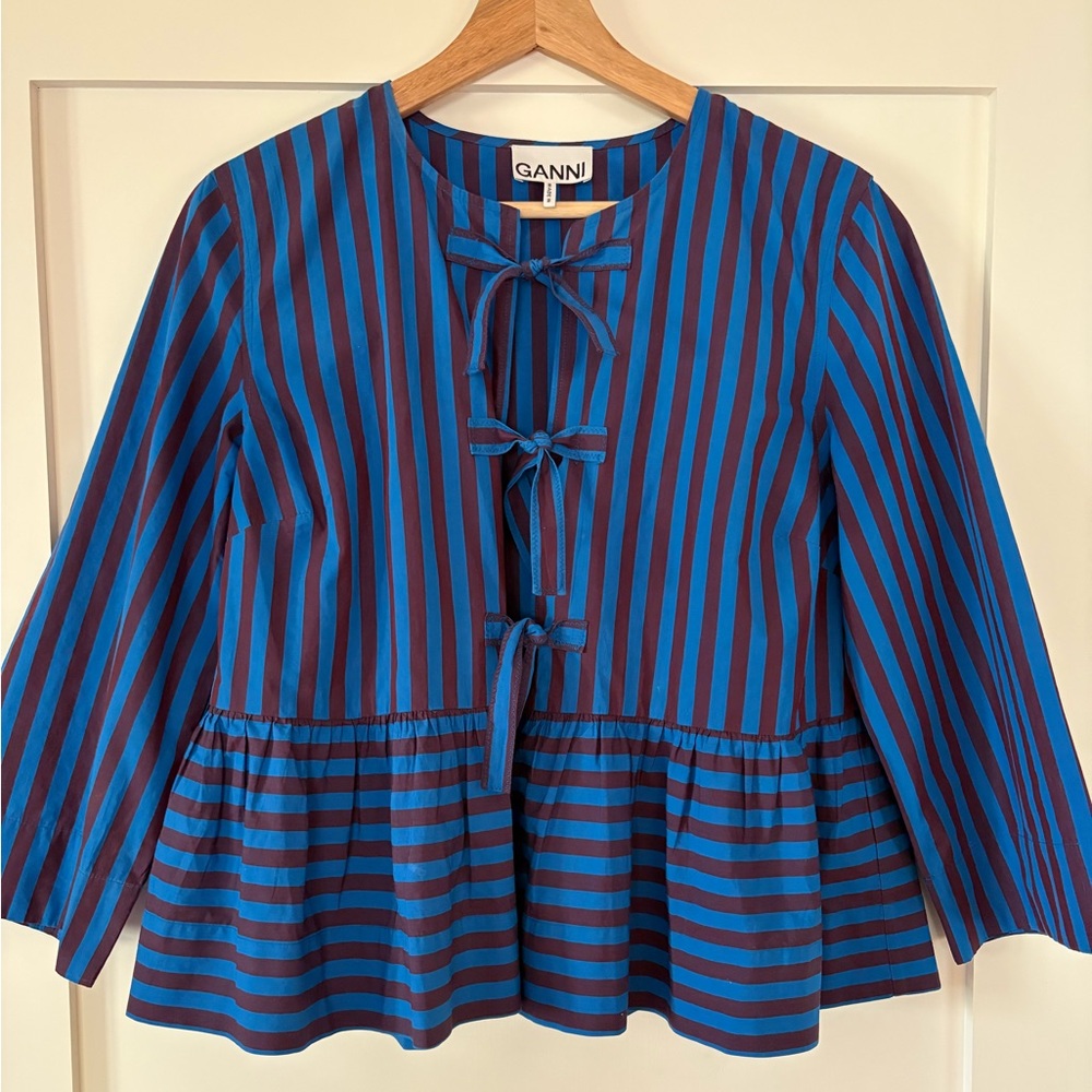 Ganni Striped Peplum Tie Blouse - Size 34